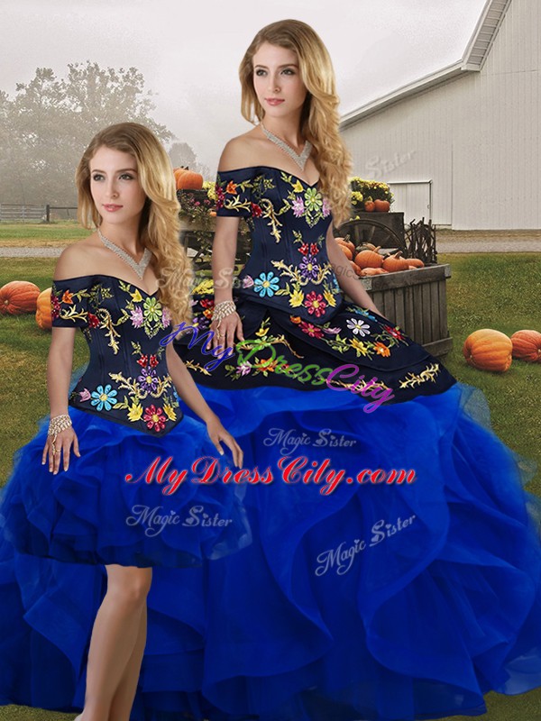 Royal Blue Lace Up Off The Shoulder Embroidery and Ruffles Ball Gown Prom Dress Tulle Sleeveless