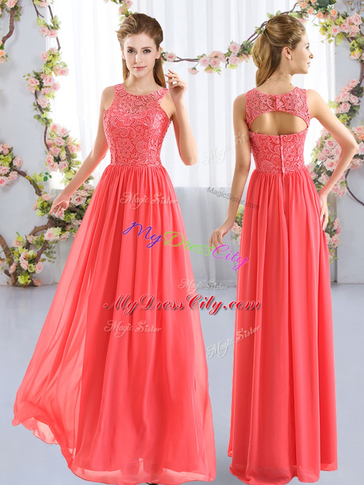 Coral Red Empire Scoop Sleeveless Chiffon Floor Length Zipper Lace Damas Dress