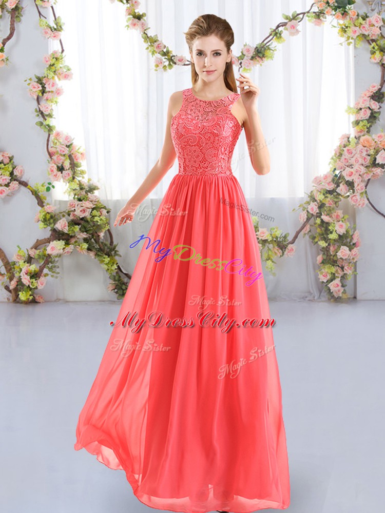 Coral Red Empire Scoop Sleeveless Chiffon Floor Length Zipper Lace Damas Dress