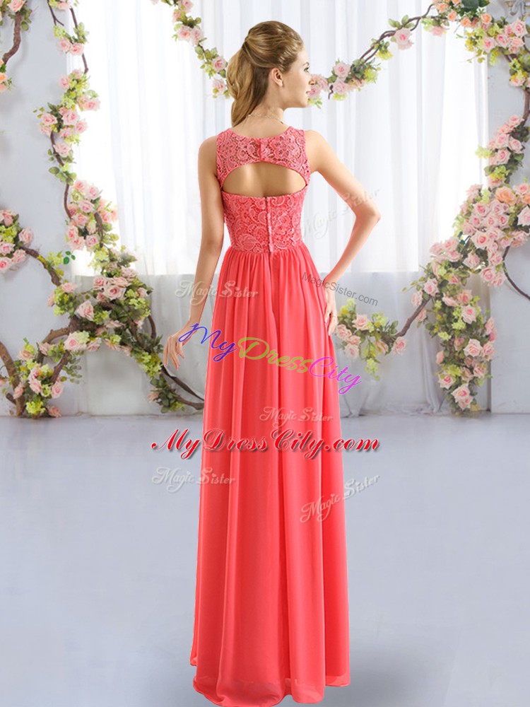 Coral Red Empire Scoop Sleeveless Chiffon Floor Length Zipper Lace Damas Dress