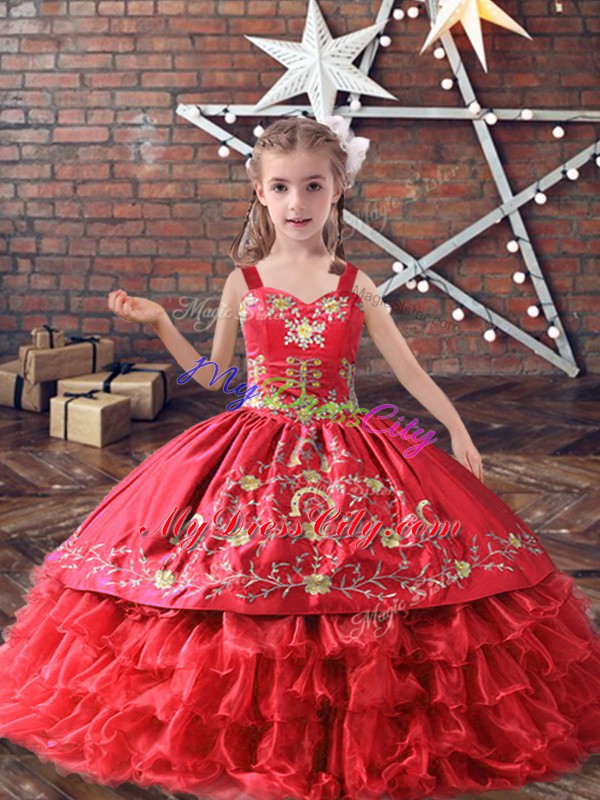 Fashion Floor Length Lace Up High School Pageant Dress Red for Wedding Party with Embroidery and Ruffled Layers