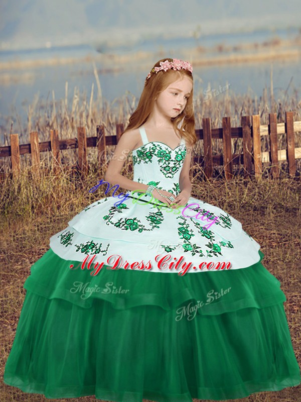 Floor Length Dark Green Little Girl Pageant Gowns Tulle Sleeveless Embroidery