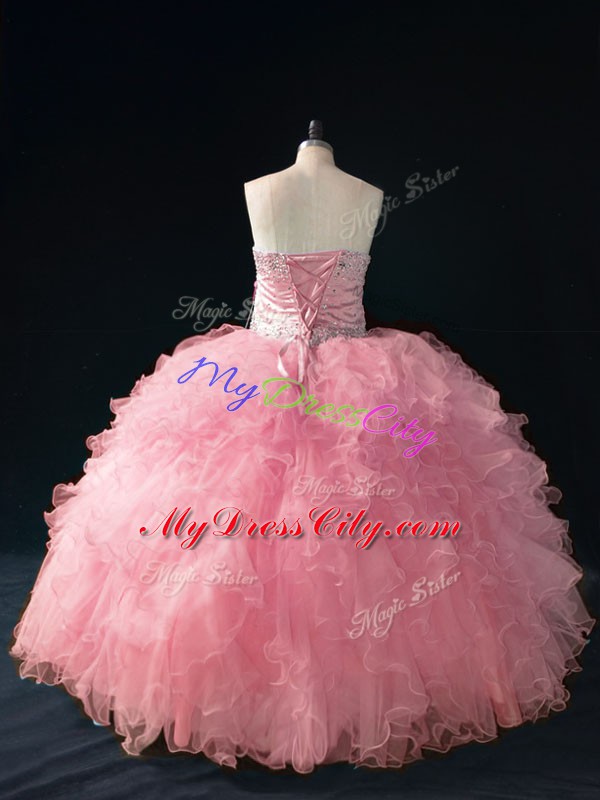 Pink Ball Gowns Sweetheart Sleeveless Tulle Floor Length Lace Up Beading and Ruffles Quinceanera Gown