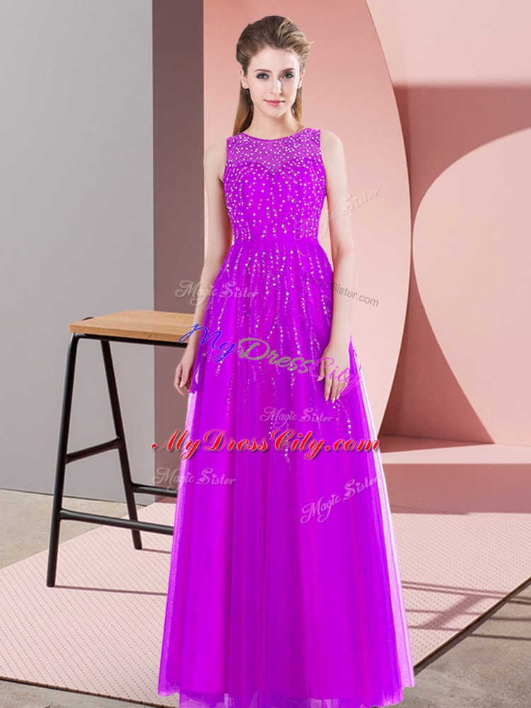 Floor Length Purple Prom Dresses Scoop Sleeveless Side Zipper