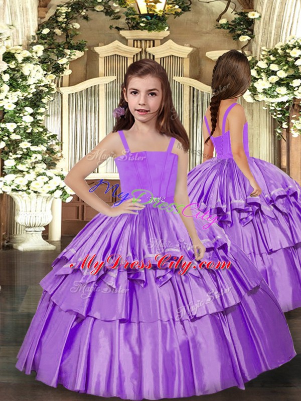 Custom Fit Floor Length Lavender Little Girls Pageant Dress Wholesale Straps Sleeveless Lace Up