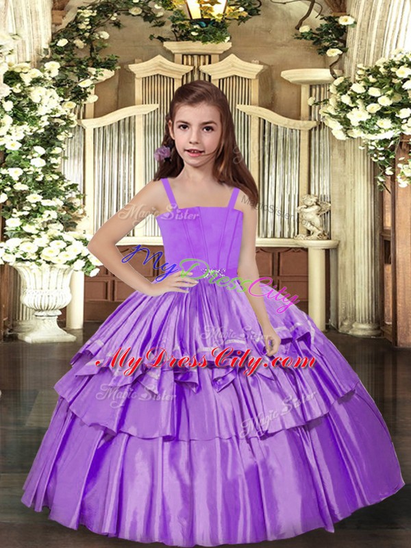 Custom Fit Floor Length Lavender Little Girls Pageant Dress Wholesale Straps Sleeveless Lace Up