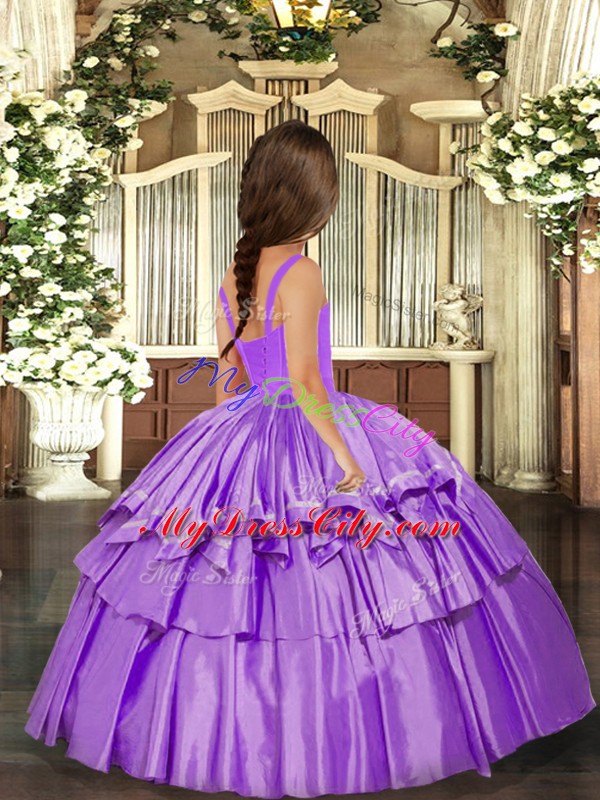 Custom Fit Floor Length Lavender Little Girls Pageant Dress Wholesale Straps Sleeveless Lace Up