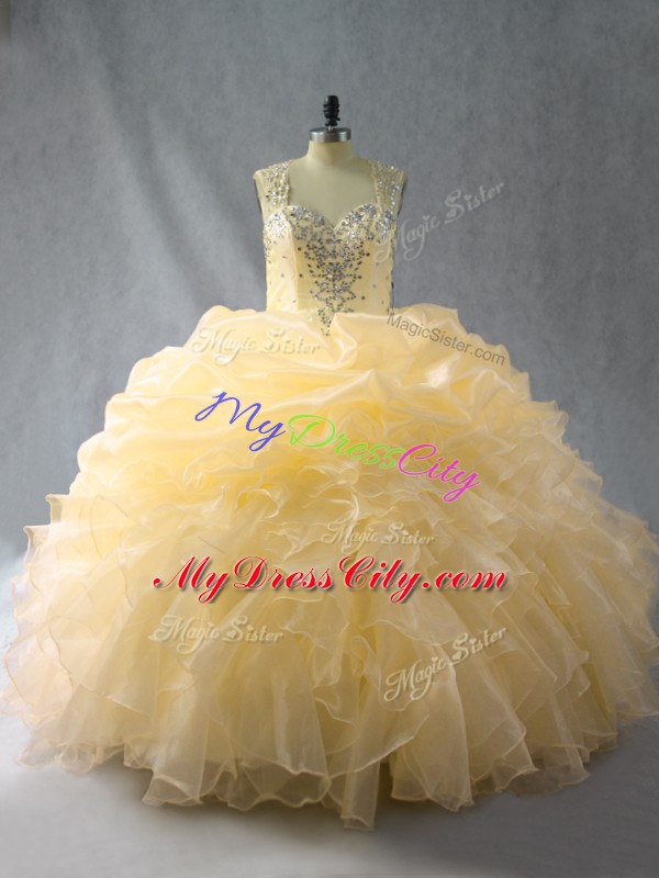 Gold Straps Zipper Beading and Ruffles Sweet 16 Dress Sleeveless