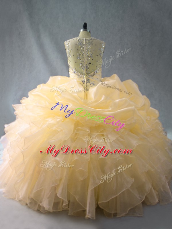 Gold Straps Zipper Beading and Ruffles Sweet 16 Dress Sleeveless