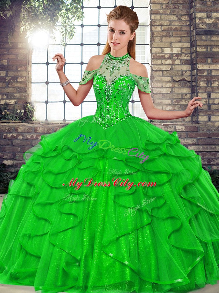 Glittering Floor Length Green Sweet 16 Dress Tulle Sleeveless Beading and Ruffles