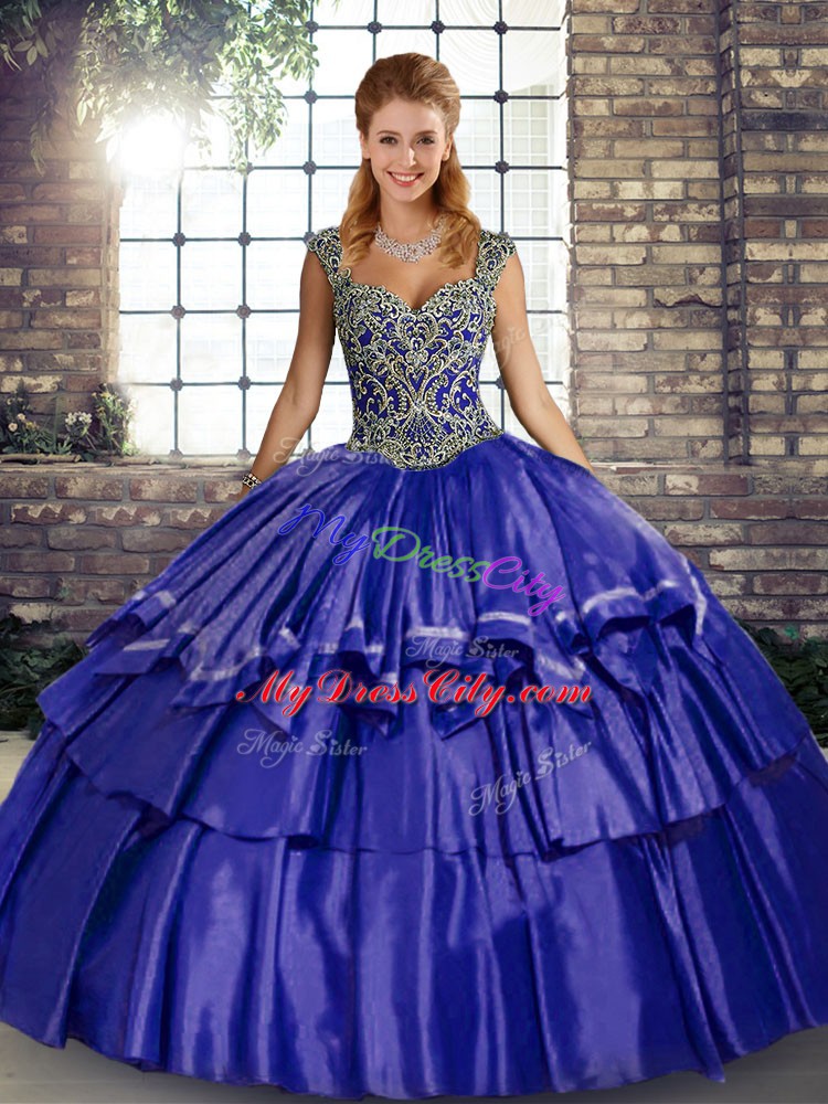 Beauteous Sleeveless Taffeta Floor Length Lace Up 15 Quinceanera Dress in Purple with Beading and Ruffled Layers