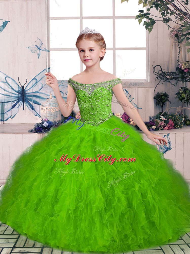 Custom Designed Sleeveless Lace Up Floor Length Beading and Ruffles Little Girl Pageant Dress