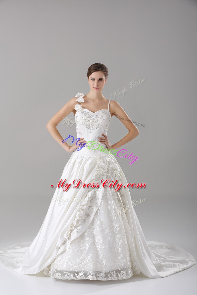 Unique White Taffeta Lace Up Wedding Gown Sleeveless Brush Train Lace and Embroidery and Hand Made Flower