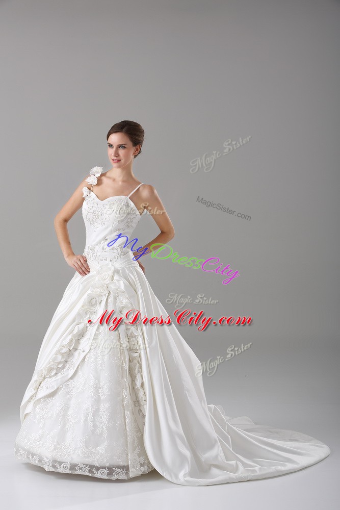 Unique White Taffeta Lace Up Wedding Gown Sleeveless Brush Train Lace and Embroidery and Hand Made Flower