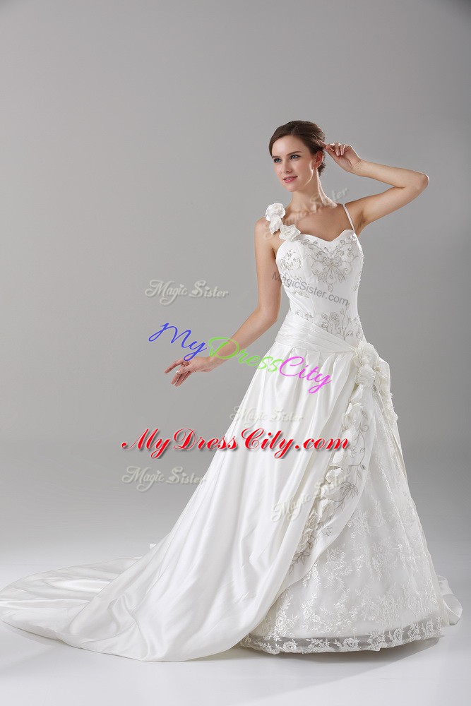 Unique White Taffeta Lace Up Wedding Gown Sleeveless Brush Train Lace and Embroidery and Hand Made Flower