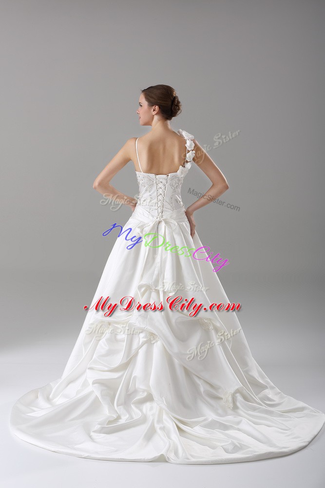 Unique White Taffeta Lace Up Wedding Gown Sleeveless Brush Train Lace and Embroidery and Hand Made Flower