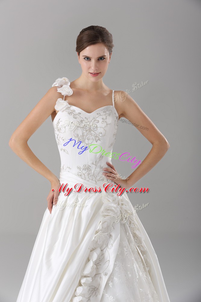 Unique White Taffeta Lace Up Wedding Gown Sleeveless Brush Train Lace and Embroidery and Hand Made Flower