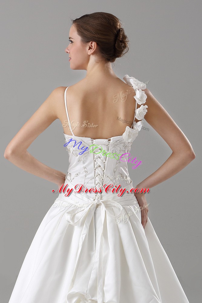 Unique White Taffeta Lace Up Wedding Gown Sleeveless Brush Train Lace and Embroidery and Hand Made Flower