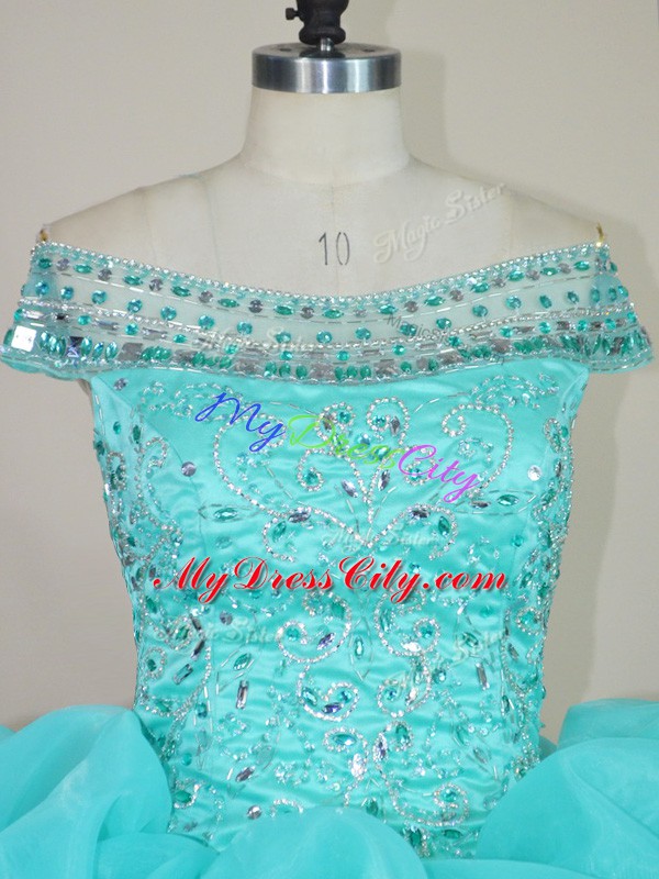 High Quality Aqua Blue Off The Shoulder Neckline Beading and Ruffles Quinceanera Gowns Sleeveless Lace Up