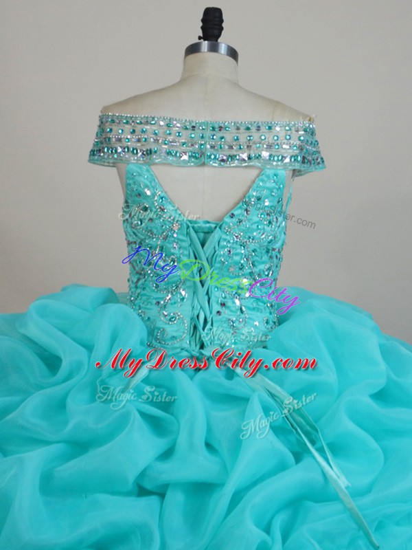 High Quality Aqua Blue Off The Shoulder Neckline Beading and Ruffles Quinceanera Gowns Sleeveless Lace Up