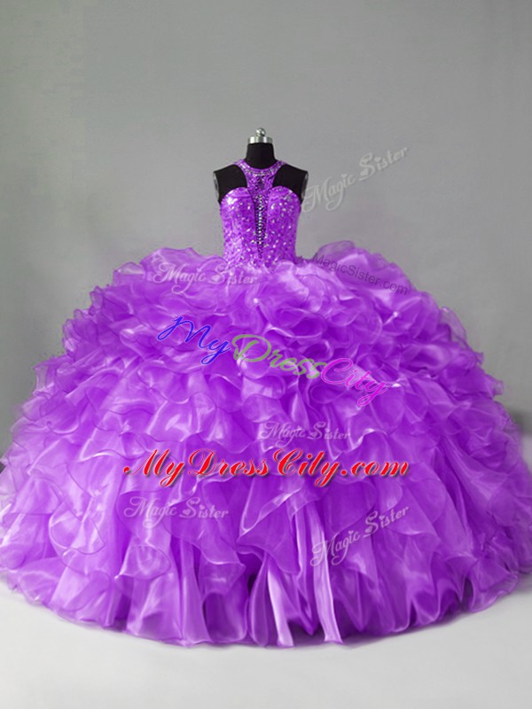 Suitable Sleeveless Brush Train Zipper Beading and Ruffles 15 Quinceanera Dress