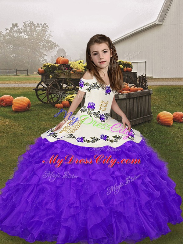 Purple Sleeveless Organza Lace Up Child Pageant Dress for Party and Military Ball and Wedding Party