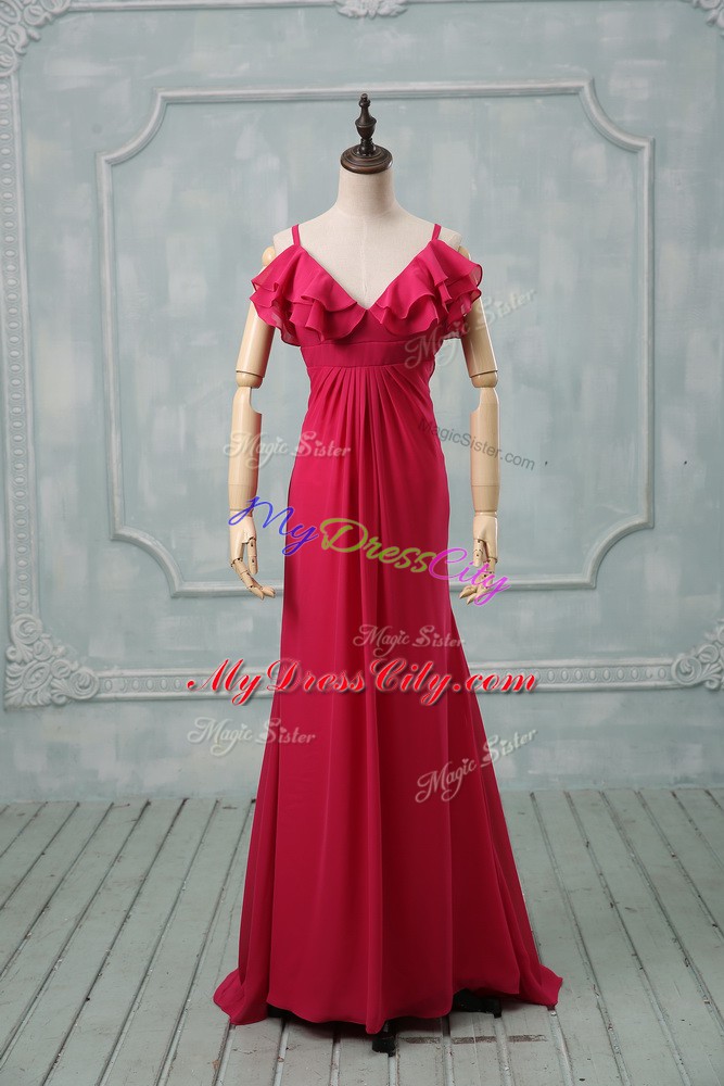 Gorgeous Hot Pink Empire Ruching Evening Gowns Zipper Chiffon Sleeveless