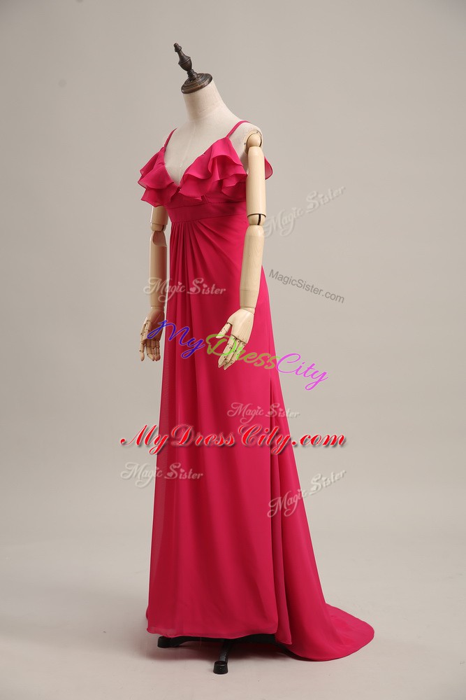 Gorgeous Hot Pink Empire Ruching Evening Gowns Zipper Chiffon Sleeveless