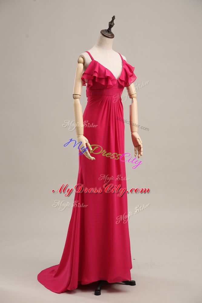 Gorgeous Hot Pink Empire Ruching Evening Gowns Zipper Chiffon Sleeveless