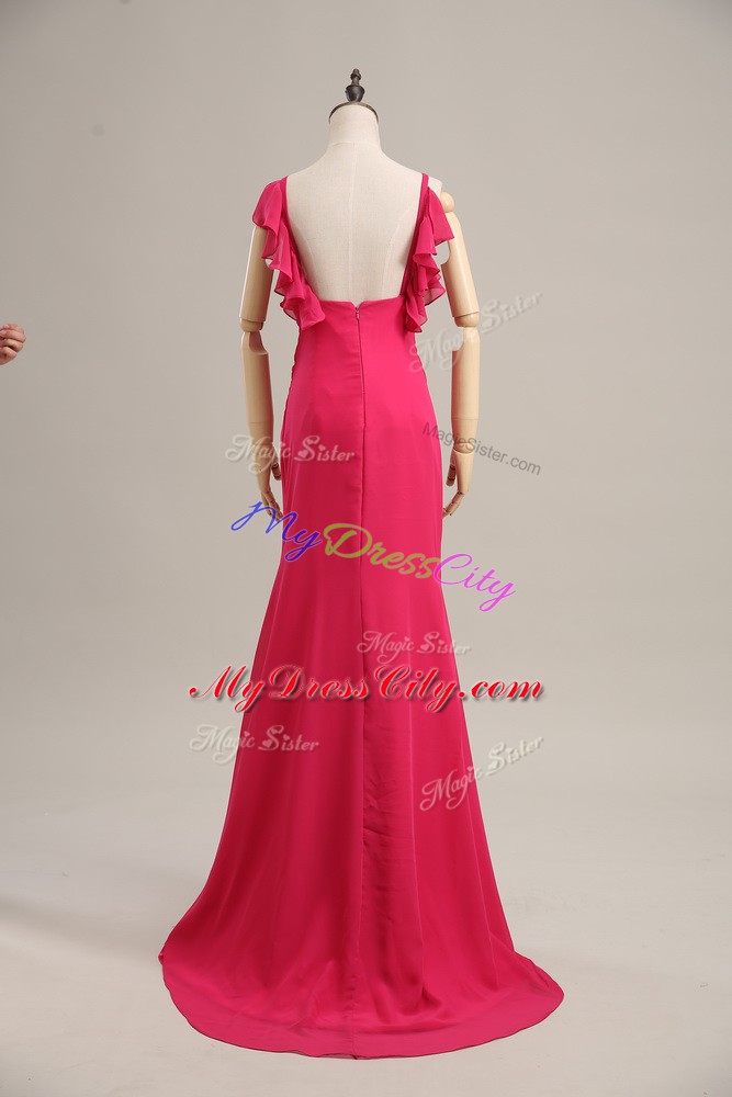 Gorgeous Hot Pink Empire Ruching Evening Gowns Zipper Chiffon Sleeveless