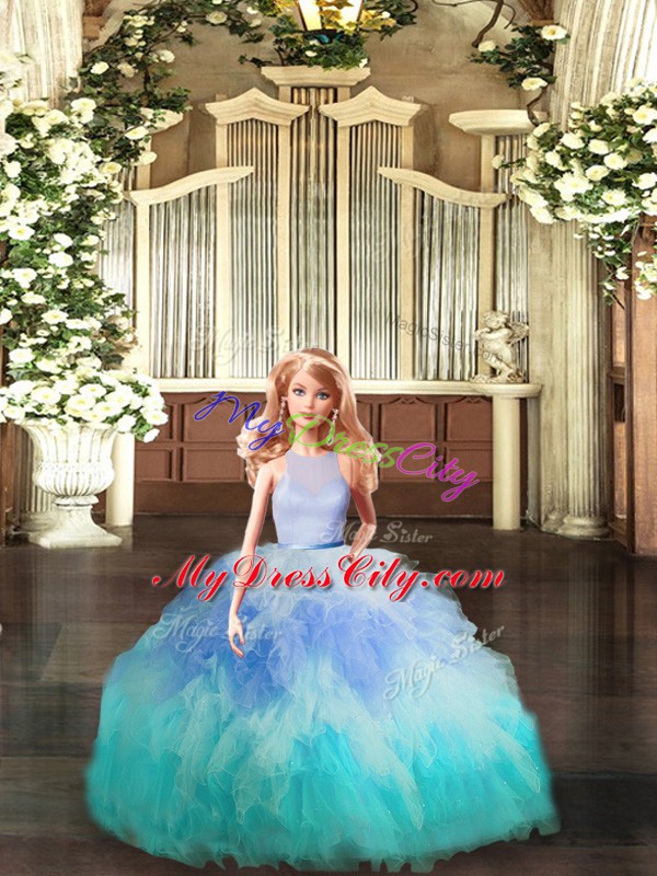 Ball Gowns Quinceanera Dress Multi-color High-neck Tulle Sleeveless Floor Length Backless