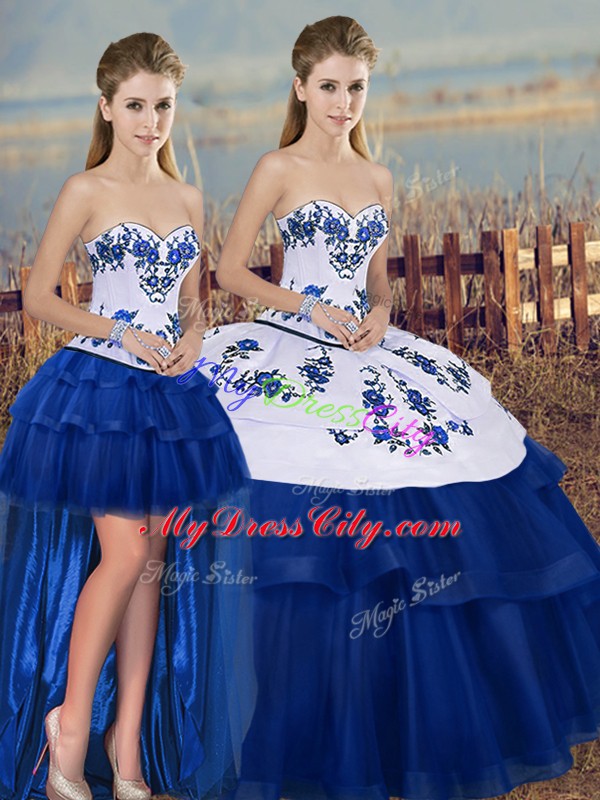 Latest Sleeveless Floor Length Embroidery and Bowknot Lace Up 15th Birthday Dress with Royal Blue