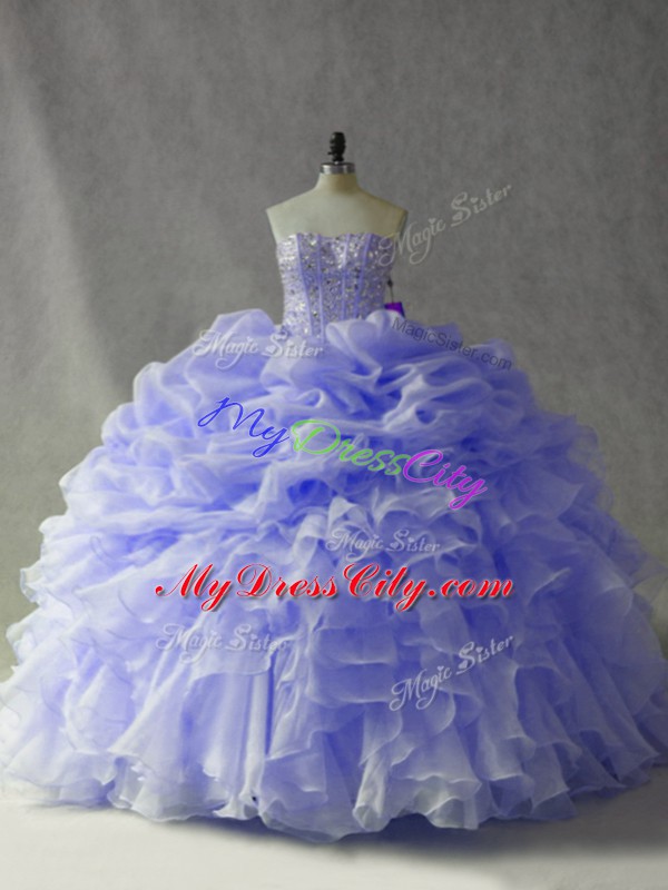 Eye-catching Beading and Ruffles and Pick Ups Quinceanera Gowns Lavender Lace Up Sleeveless Brush Train