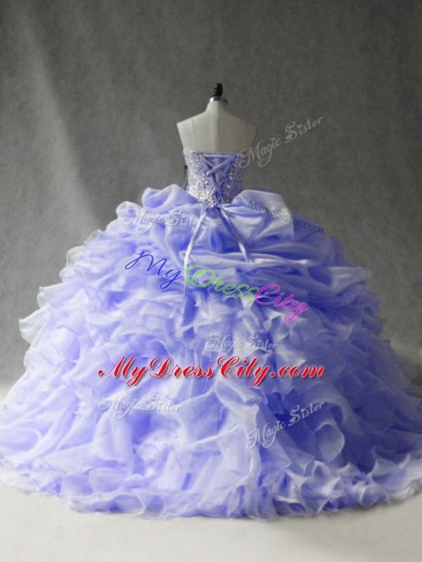 Eye-catching Beading and Ruffles and Pick Ups Quinceanera Gowns Lavender Lace Up Sleeveless Brush Train