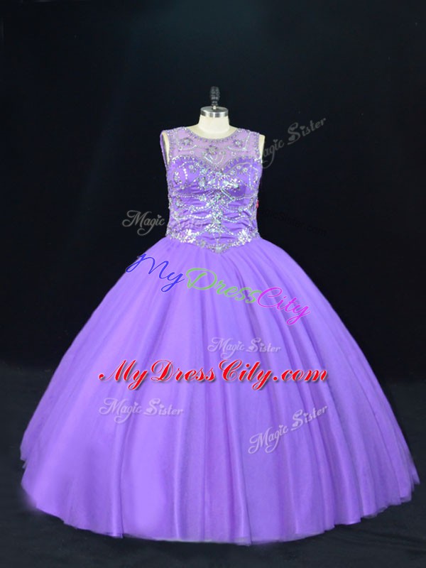 Lavender Sleeveless Tulle Lace Up Sweet 16 Dresses for Sweet 16 and Quinceanera