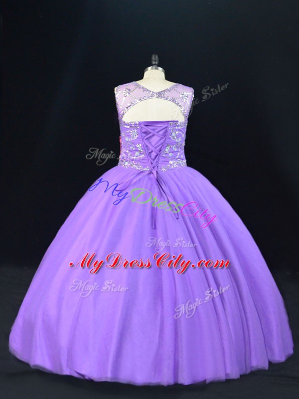 Lavender Sleeveless Tulle Lace Up Sweet 16 Dresses for Sweet 16 and Quinceanera