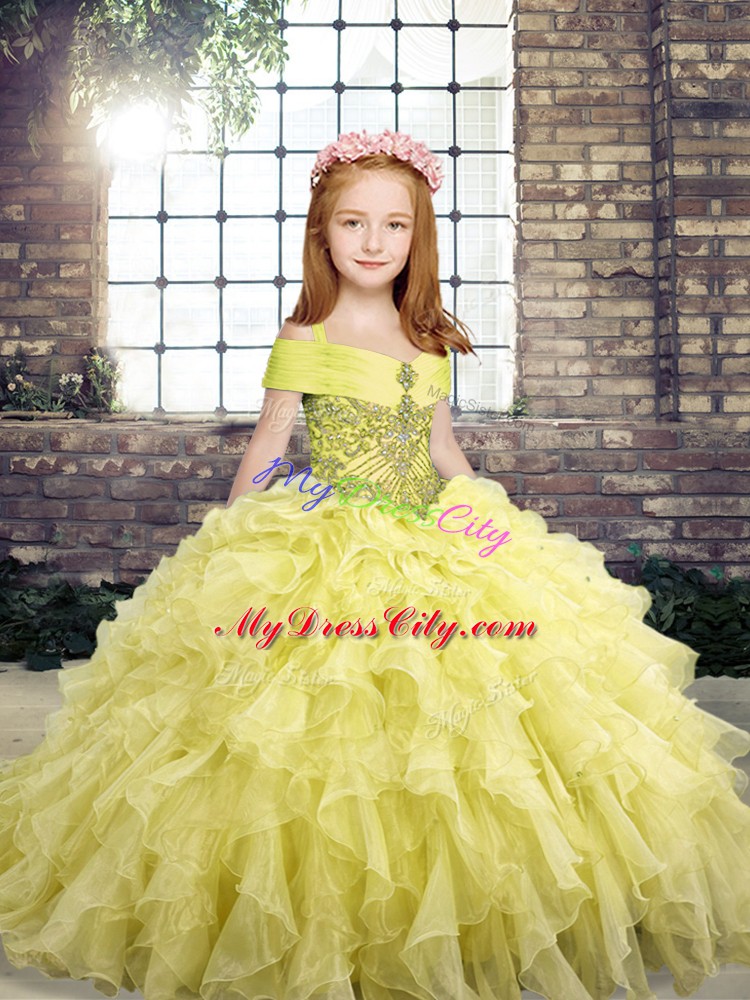 High Class Ball Gowns Pageant Dress for Girls Yellow Straps Organza Sleeveless Floor Length Lace Up