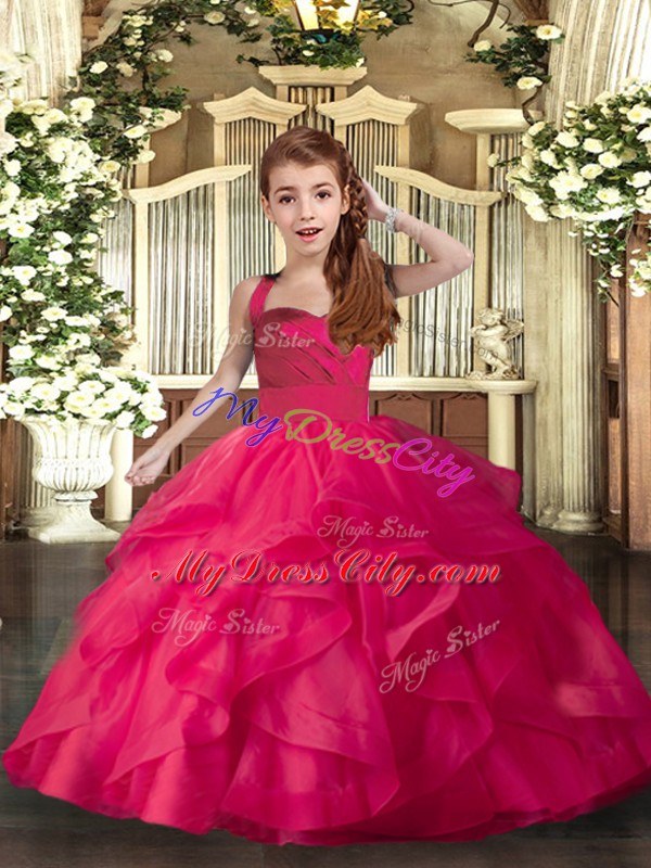 Ruffles and Ruching Glitz Pageant Dress Coral Red Lace Up Sleeveless Floor Length