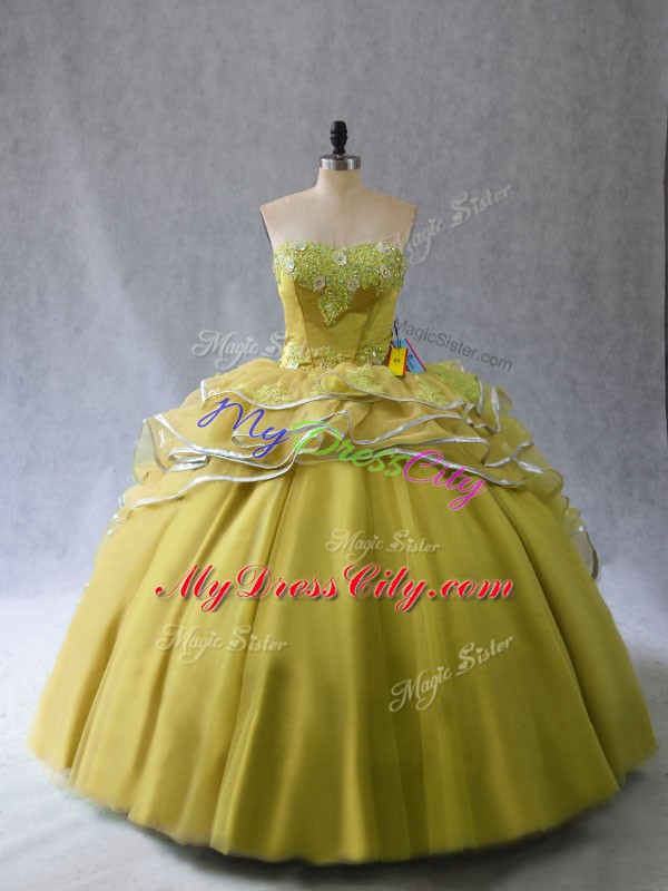 Delicate Olive Green Ball Gowns Tulle Sweetheart Sleeveless Appliques and Ruffles Lace Up Quinceanera Gown Brush Train