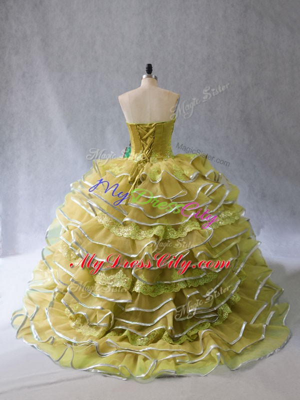 Delicate Olive Green Ball Gowns Tulle Sweetheart Sleeveless Appliques and Ruffles Lace Up Quinceanera Gown Brush Train