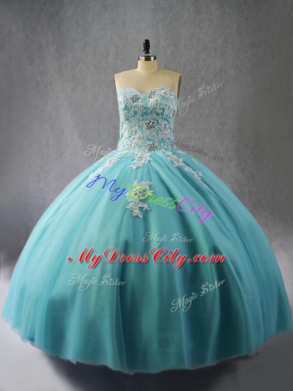 Great Appliques Quinceanera Gowns Blue Lace Up Sleeveless Floor Length