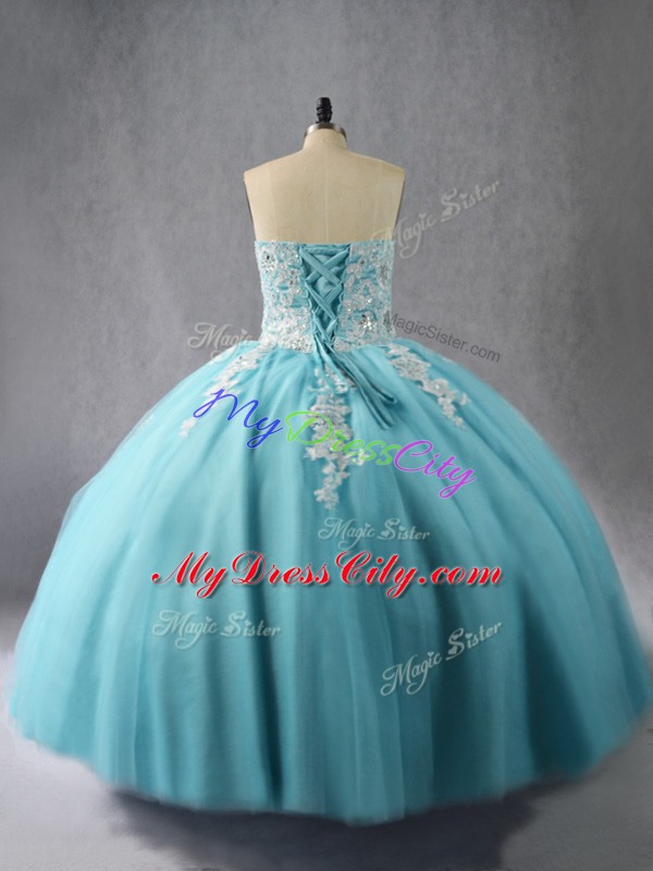 Great Appliques Quinceanera Gowns Blue Lace Up Sleeveless Floor Length