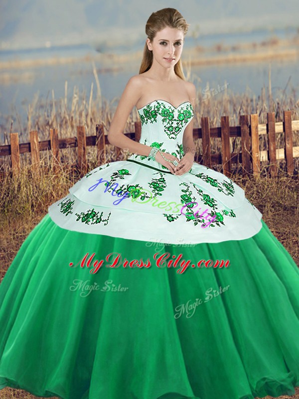 High Quality Green Lace Up Quinceanera Gown Embroidery and Bowknot Sleeveless Floor Length