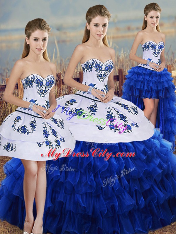 Royal Blue Sleeveless Embroidery and Ruffled Layers and Bowknot Floor Length Quinceanera Gown