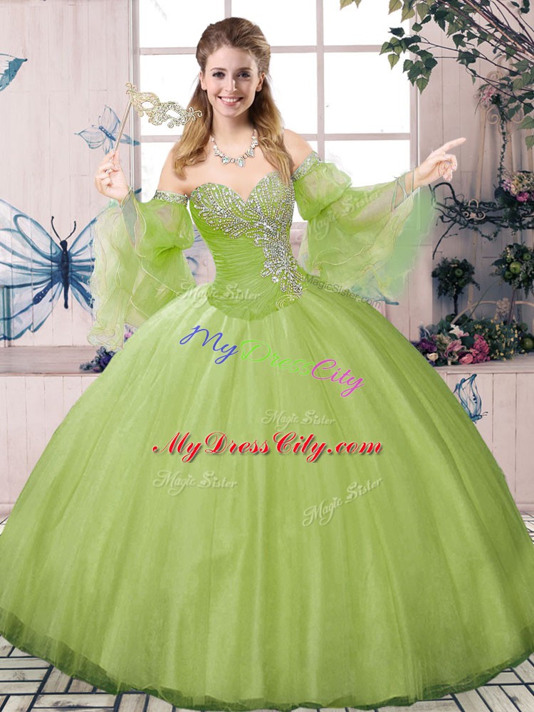 Olive Green Ball Gowns Beading Quince Ball Gowns Lace Up Tulle Long Sleeves Floor Length