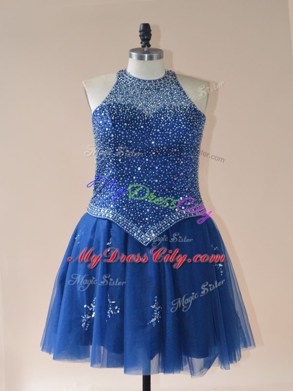 Custom Made Royal Blue Halter Top Neckline Beading Prom Gown Sleeveless Lace Up