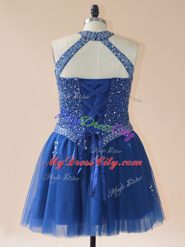 Custom Made Royal Blue Halter Top Neckline Beading Prom Gown Sleeveless Lace Up