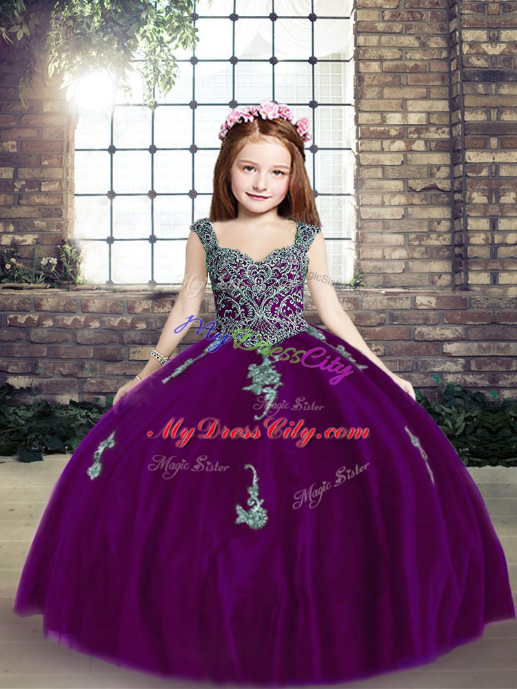 Excellent Straps Sleeveless Lace Up Kids Formal Wear Purple Tulle