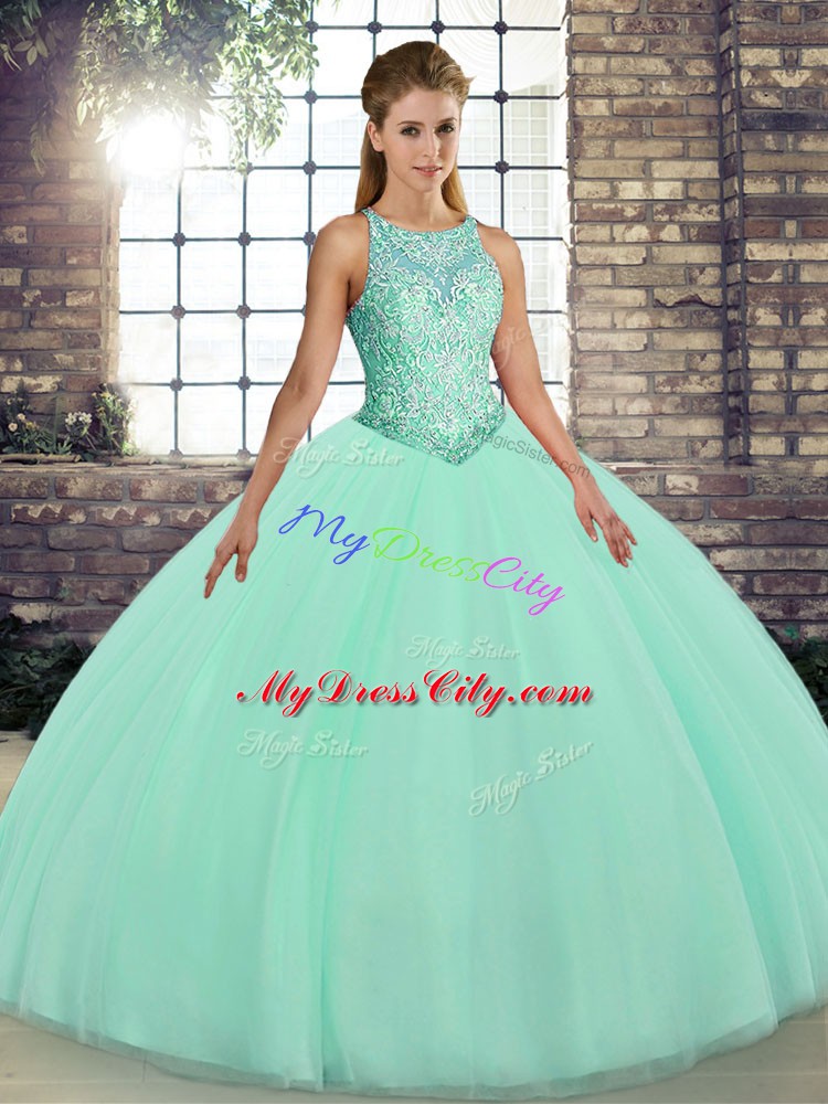 Elegant Embroidery Quinceanera Dress Apple Green Lace Up Sleeveless Floor Length