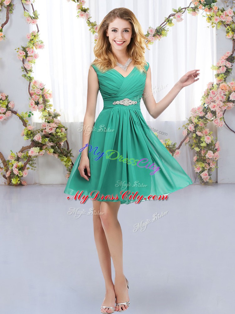 Turquoise Empire V-neck Sleeveless Chiffon Mini Length Zipper Belt Quinceanera Dama Dress